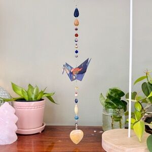 Origami Ornament #2394 - Large Crane with Stone Heart Pendant